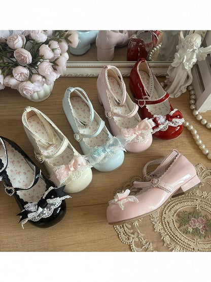 Elegant Lace Bow Round Toe Pumps - 2.5cm Low Heels - Blossoms