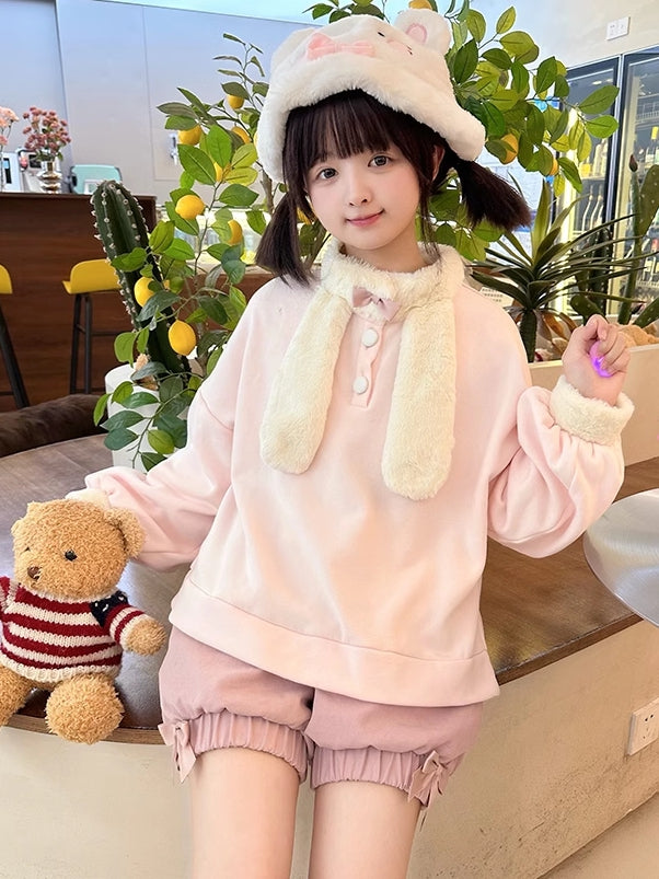ピンクのかわいいウサギの耳のぬいぐるみ襟スウェットシャツ