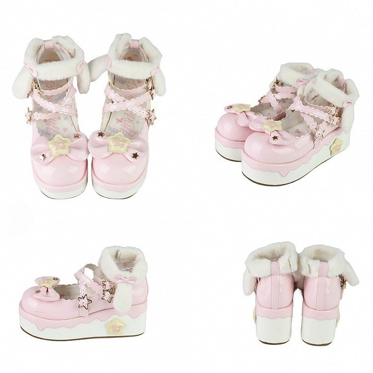 Strap with Pink Lolita - PU Detachable Sweet Puppy Mary Plush Ear Platform Janes Velcro Starry Ankle Theme