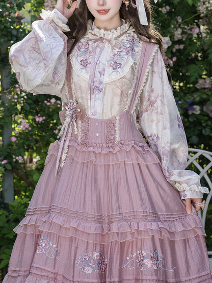 Sweet Purple Lolita JSK with Floral Embroidery & Ruffle Lace Trim - Luo Xiu Dong Xiang