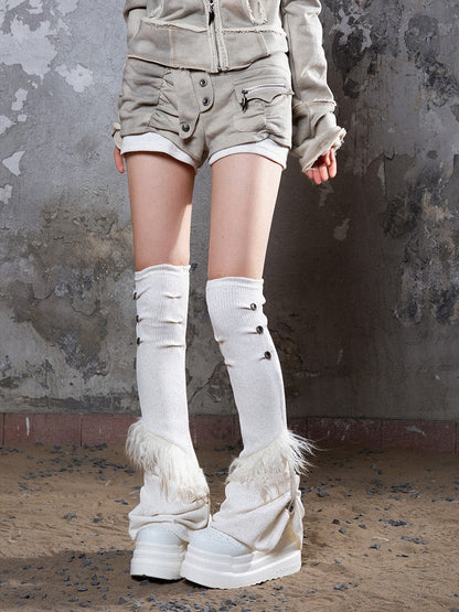 Leg Faux Fur Punk Knit Trim Brown Beige with Buttons Warmers