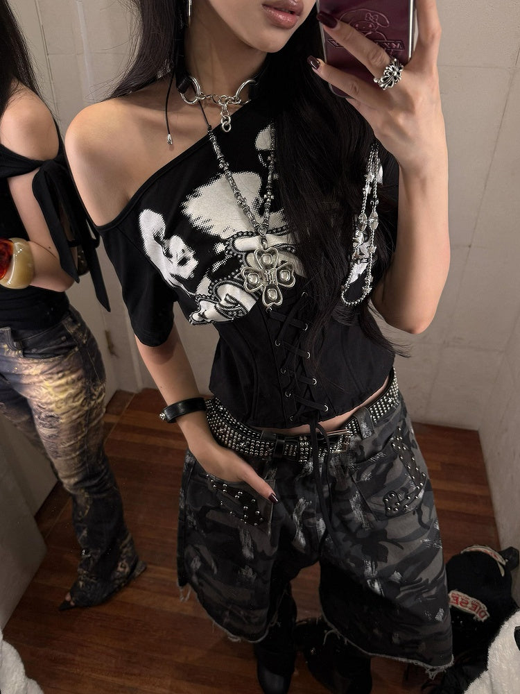 Waist with White Black / Asymmetrical Lace-up Neckline T-Shirt