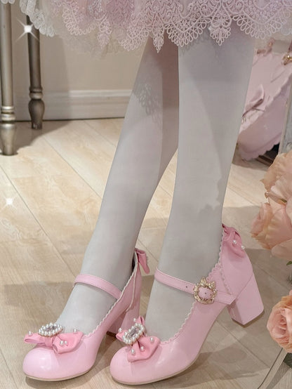 ジェーンズ ボウノット ラインストーン装飾 ラウンド メアリー ロリータ ディテール ビーズトゥ ピンク