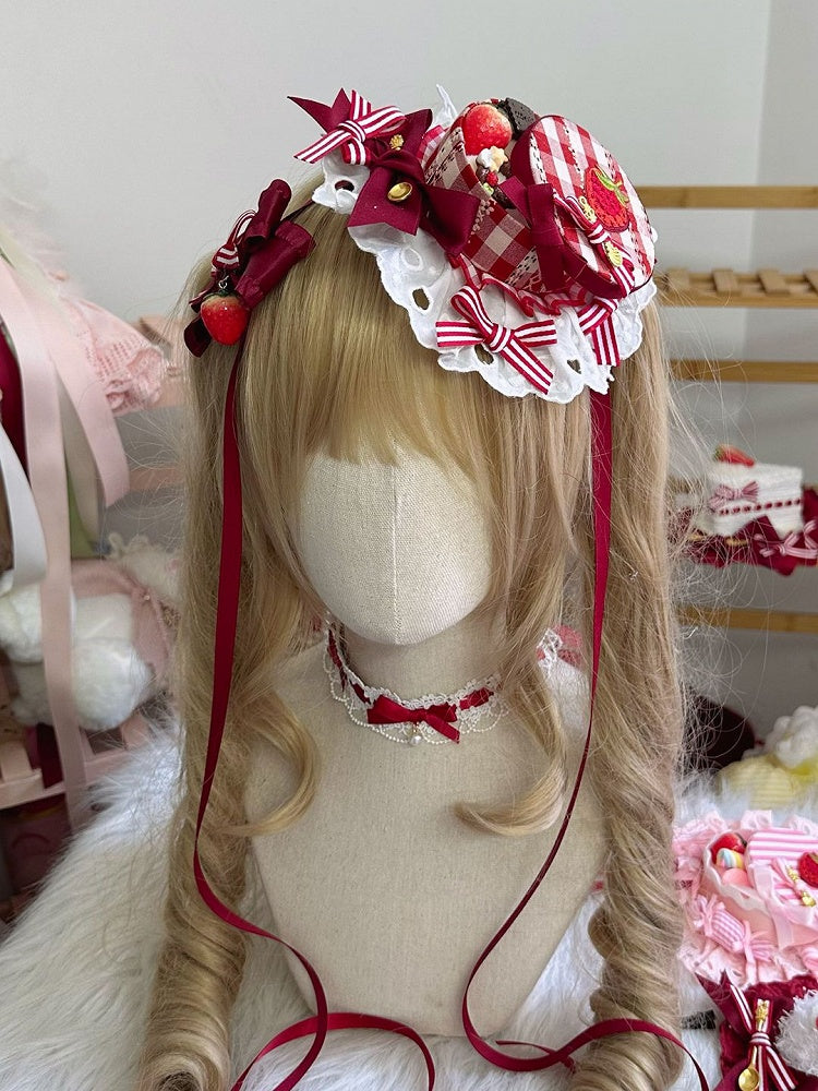 with Candy Hat and Bow Embroidery Strawberry Red Box Lolita Striped Mini White