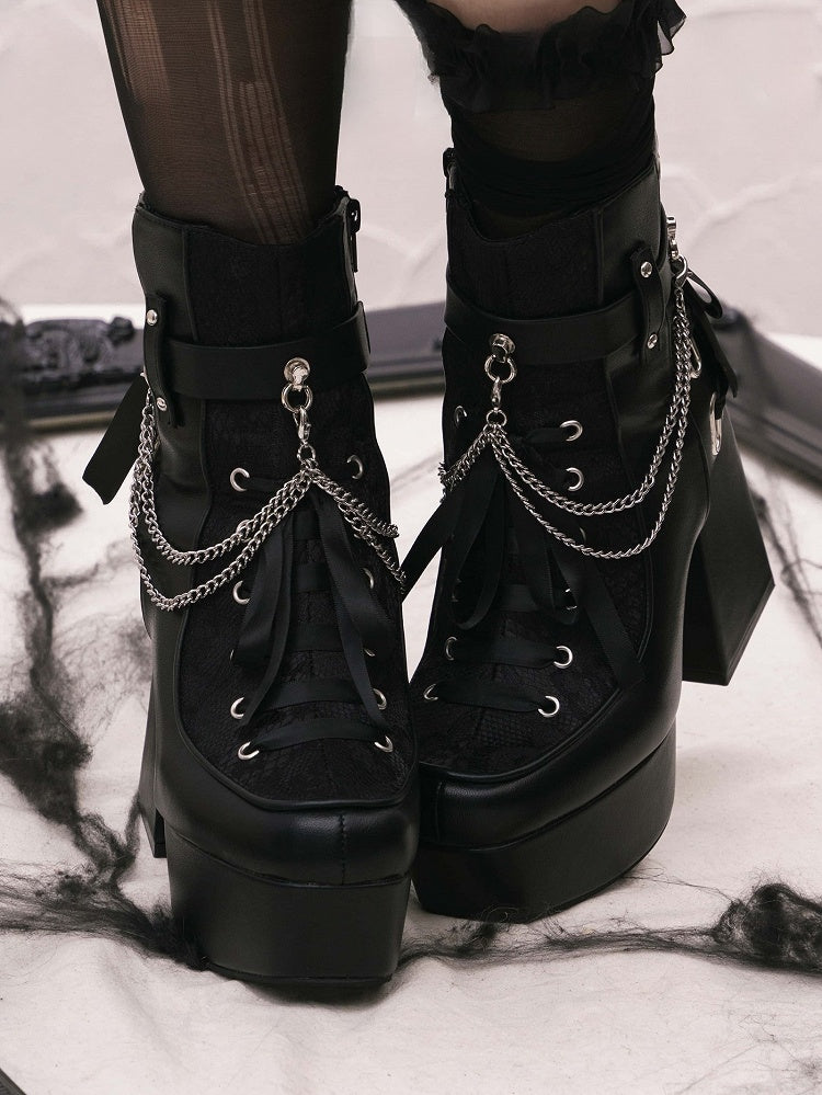 Inner with Chains Zip Block Boots Detachable Black Heel Lace-up Gothic High Details Platform - Ankle