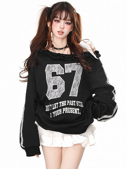 ブラック/グレー レースアップリケ アシンメトリーネックライン スウェットシャツ