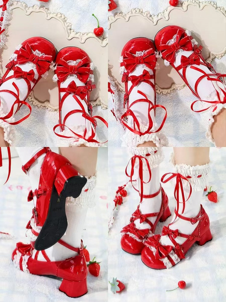 Round Toe Janes for Details Accents Lolita Mary - Mid-heel with Red Heel Cat-shaped Bow Lace