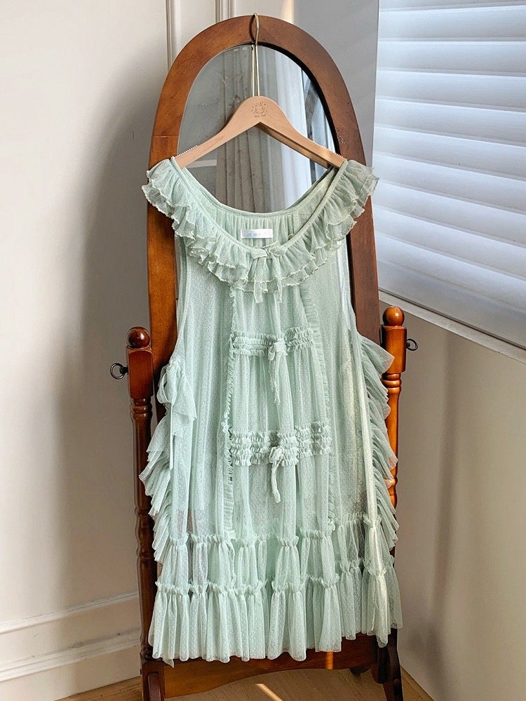 Pink Style Green House Dots Schleife Rüschen Tüll und Details Mint Trim Überkleid