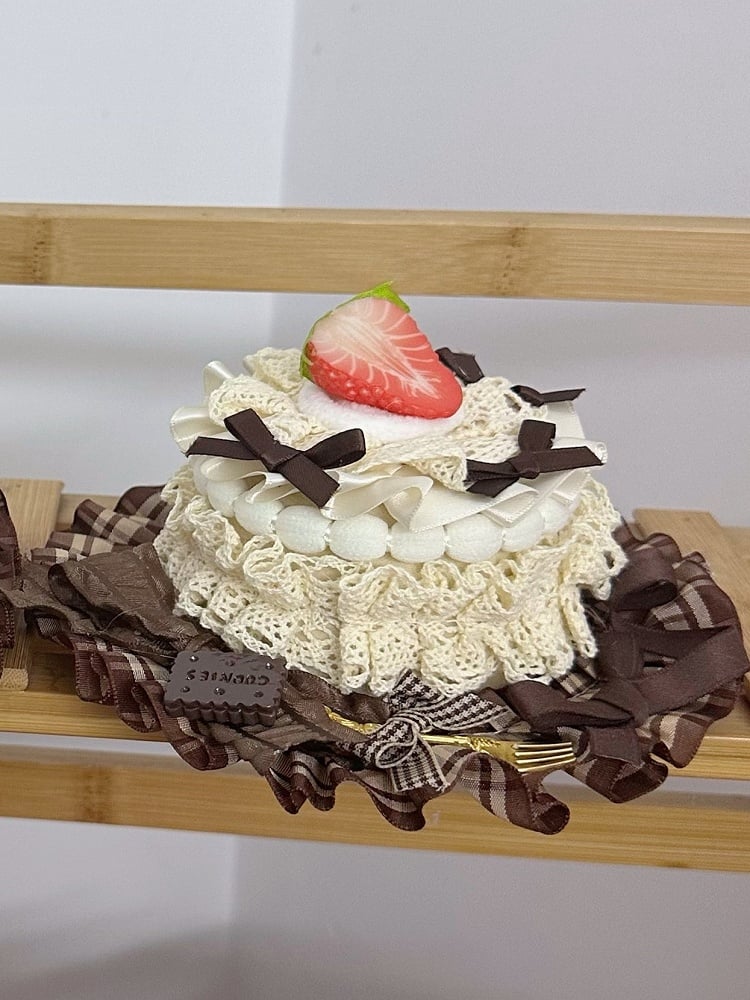 Lace Strawberry Hat Lolita Beige Mini Size Sweet Coffee 2 Options Cake