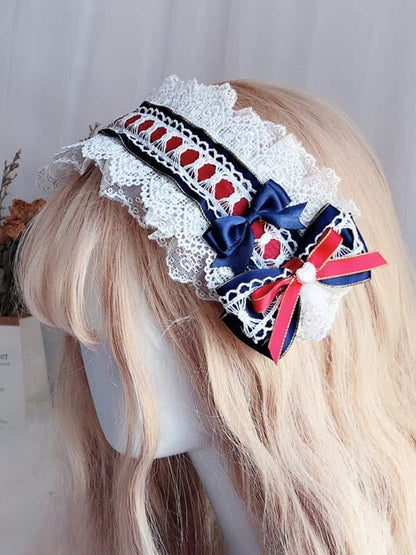 White&Blue Snow White Vibes Bowknot Details Lace Trim Hairband