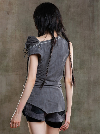 Cross Zipper Drawstring Gray Vest Asymmetrical Punk Neckline Charms with Dark