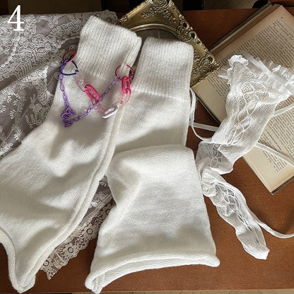 White Stockings/Leg Warmers Cut-out Design Leg /Lace Chain Overknee