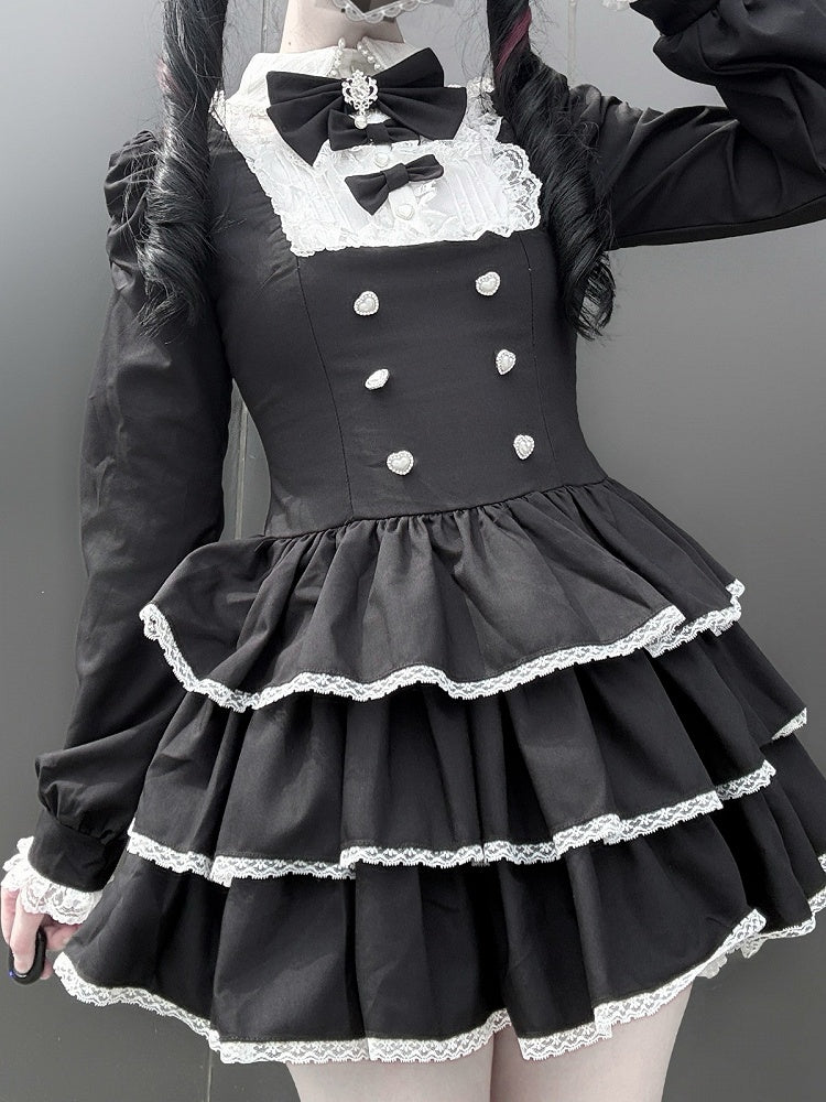 Black Jirai Kei Two-Piece Set with Tiered Ruffle Dress, Bows, Lace & Bloomers - Virtual Paradise