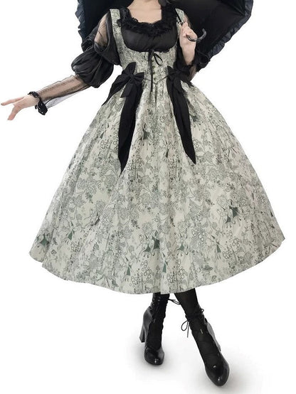 Green Basque Boned Bust Lolita Skirt and Jumper Waist Animals Print Wood Under