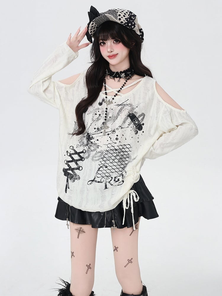 Criss-cross Design Neckline Ink Print Cutout Shoulder Splash