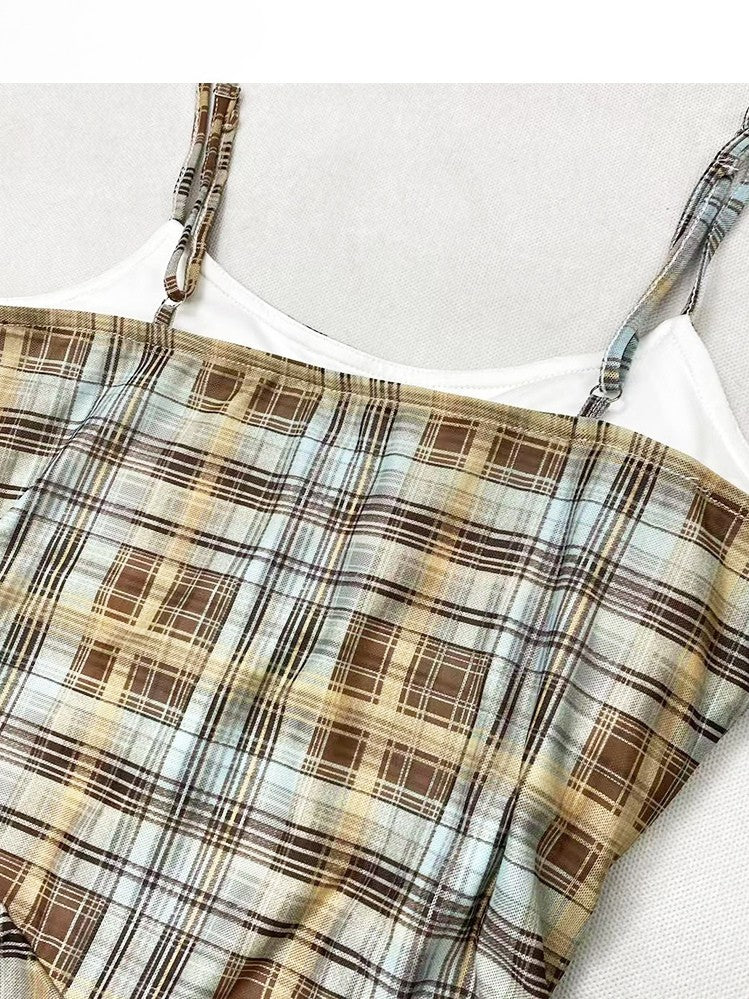 Cami Pattern Y2K Blue Asymmetrical Hem Plaid Glamorous Dress