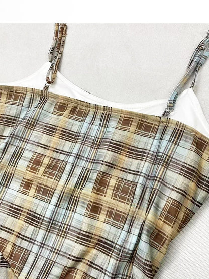 Cami Pattern Y2K Blue Asymmetrical Hem Plaid Glamorous Dress