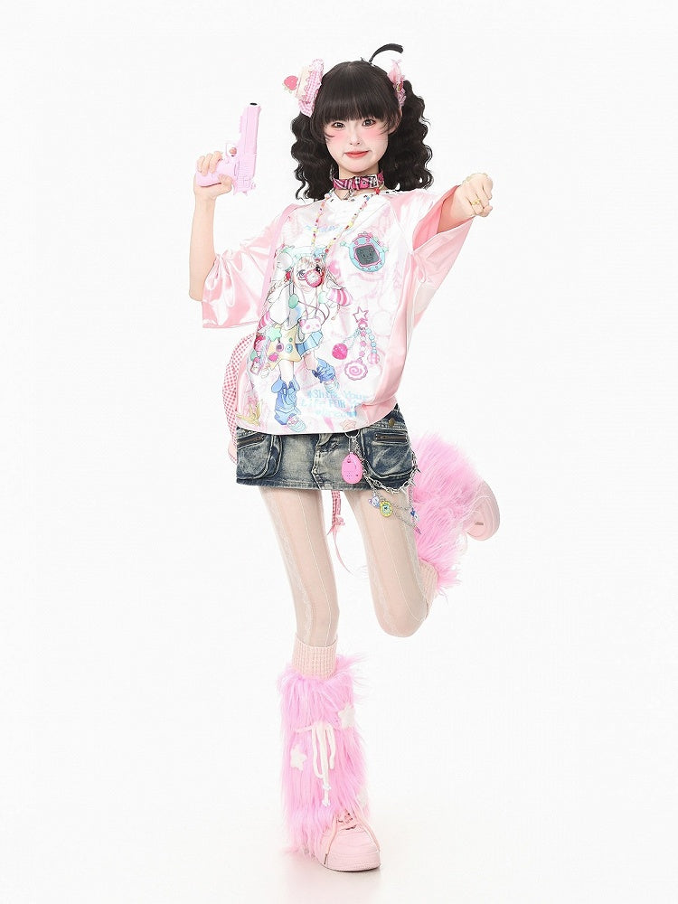 Kawaii Pink Satin V-Neck Tee with Anime Print - Languid Park