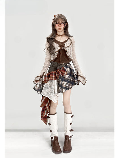 ヴィンテージレッドチェック柄ローウエストアシンメトリーヘムグラマラススカート