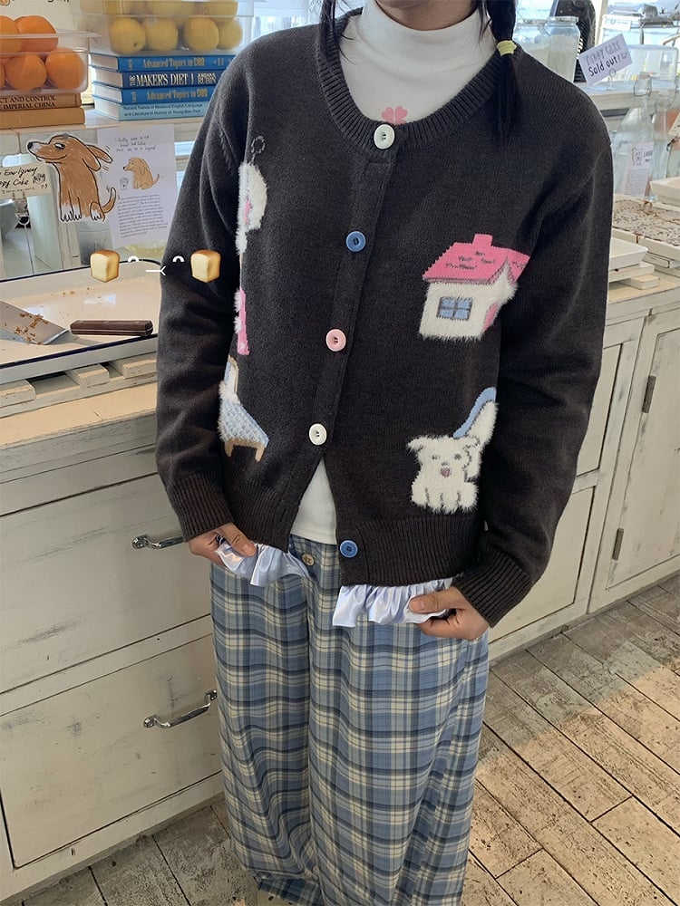 Gray Print Button Home Sweater Warm with Front