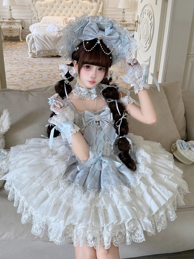 Blue Ballet Style Lace Ruffle Lolita JSK Dress with Bead Chain Bow Details - White Sugar Girl