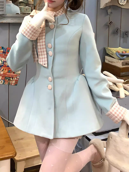 Coat Front Bowknot Pink Dress Plaid Wool with Buttons Creamy Blue