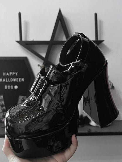 High Decor Block Gothic Heels Design Platform Wing Black Polished Bat PU Leather Spiderweb in -