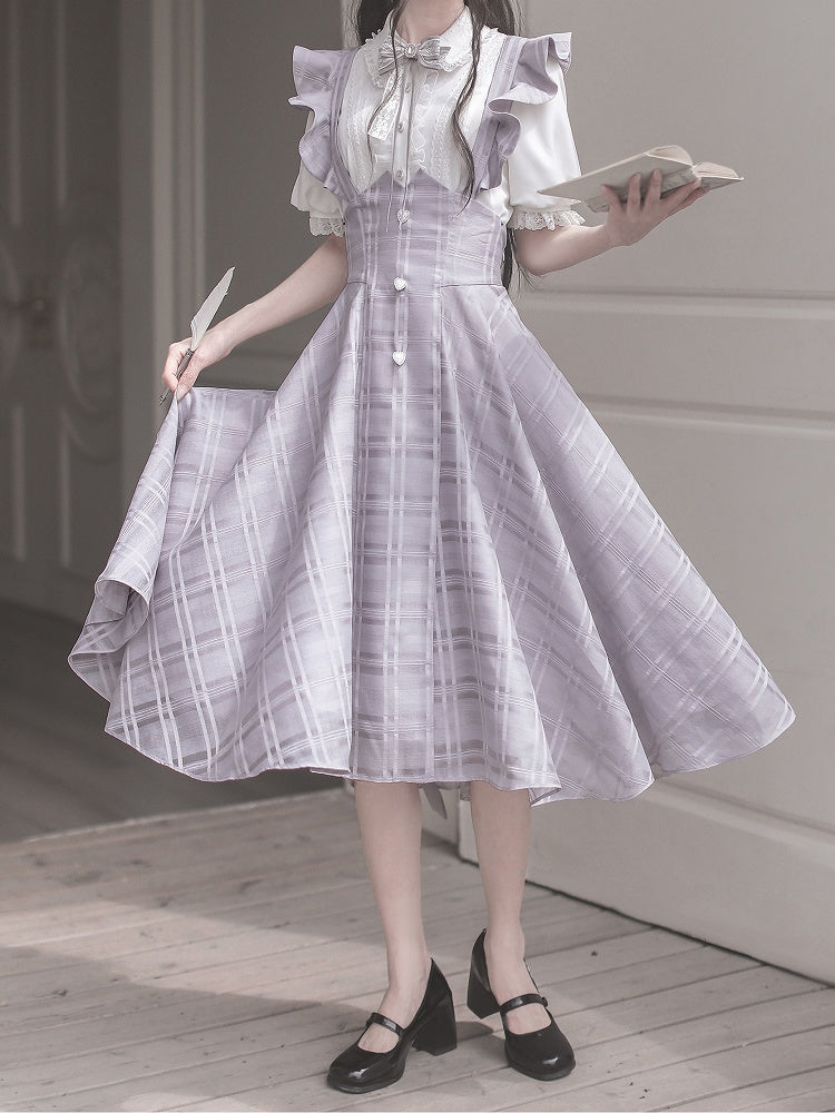 Purple Taro Long Plaid Overall with Version Flutter Sleeves Dress