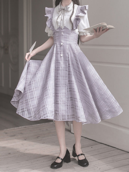 Purple Taro Long Plaid Overall with Version Flutter Sleeves Dress