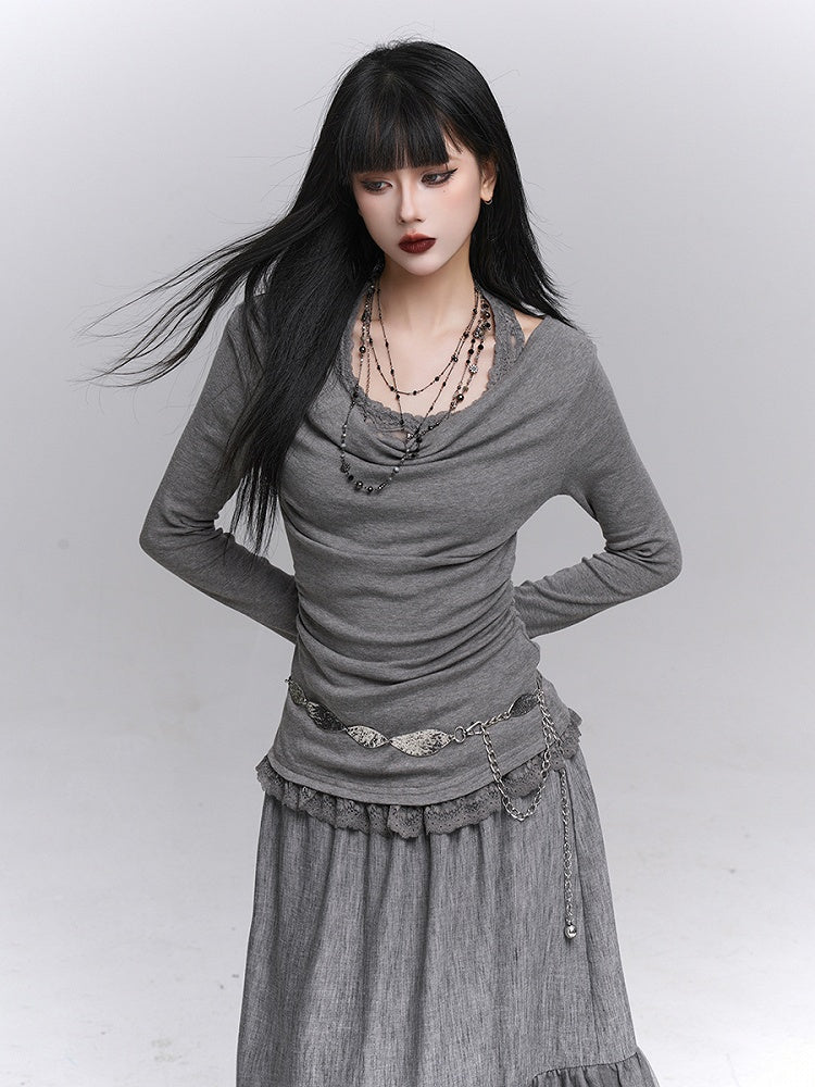 Lace Gray Two-Piece Faux Top Halter Trim with Neck Convertible Gothic Cowl