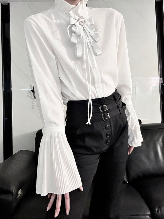 White Prince Style Bell Sleeves Classic Long Sleeve Elegant Shirt with Brooch - Aont