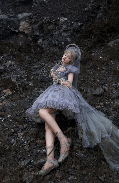 Gray Dragon Bone Embroidery High-low Skirt Dress Gothic Lolita OP with Cathedral Embroidery Overlay