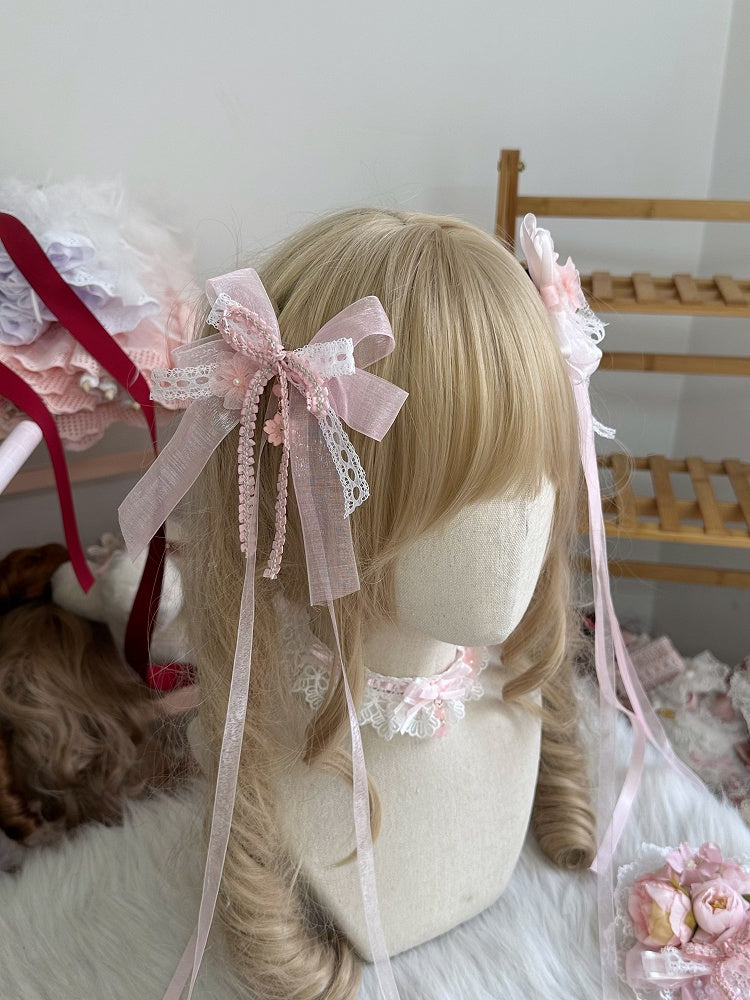 Lolita Bow Blossom Pendant Cherry Pink Hairclip Double-Layer