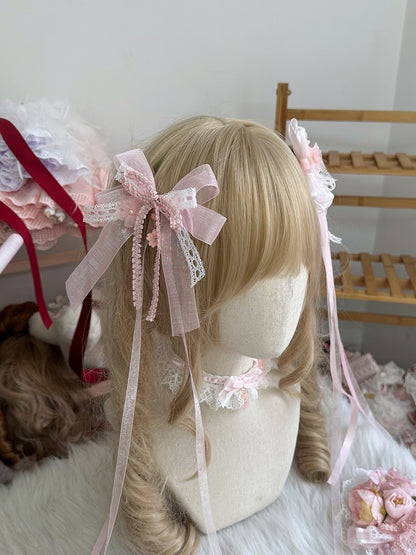 Lolita Bow Blossom Pendant Cherry Pink Hairclip Double-Layer