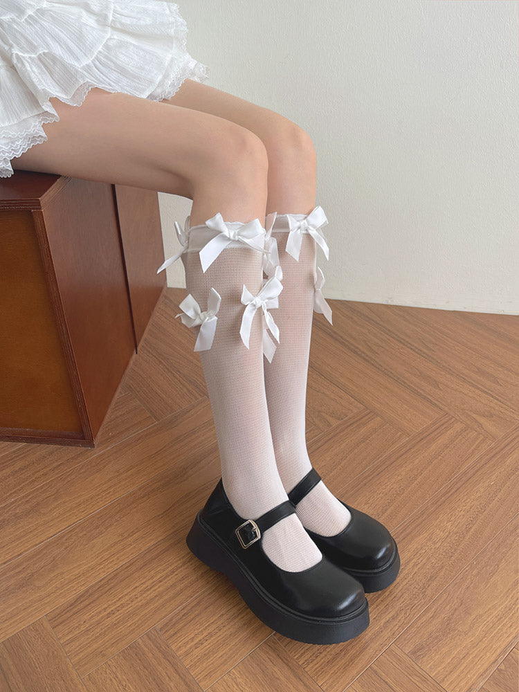 Socks Calf Thin White/Black Lace Decorated Bow