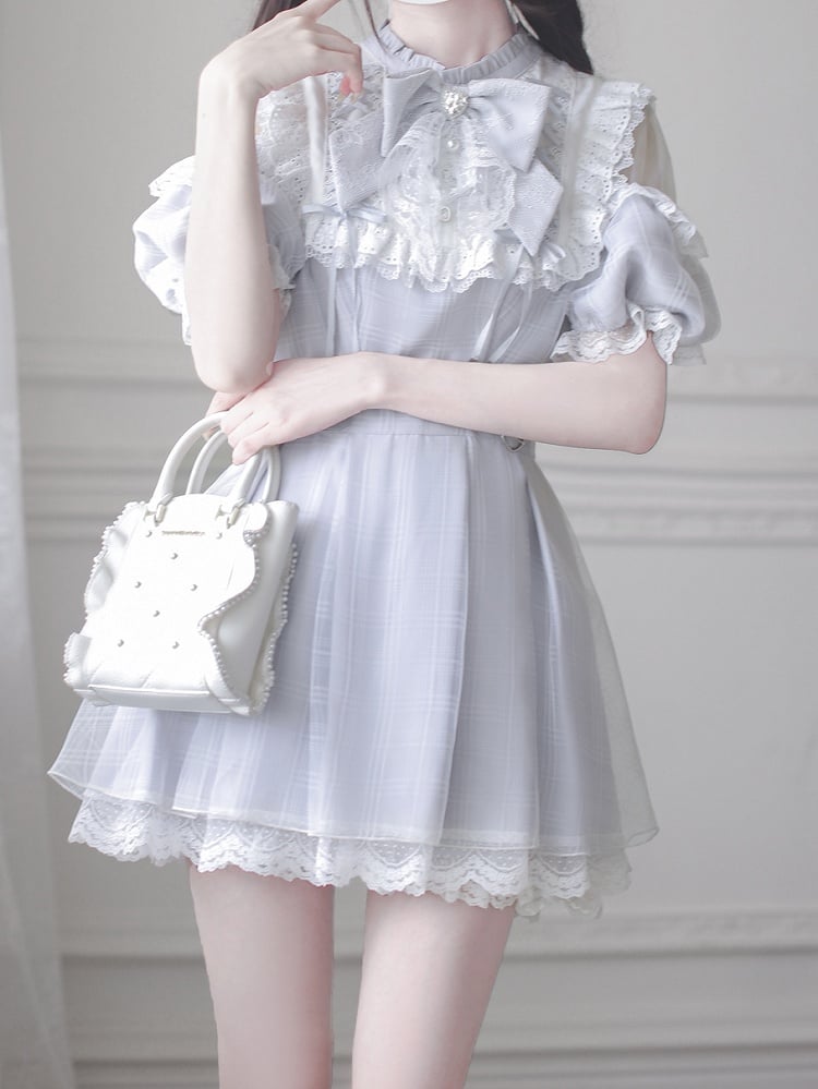 Shoulder Cutout Dress Dusty Blue Jirai Kei Plaid with