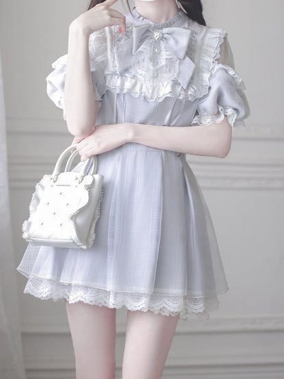 Shoulder Cutout Dress Dusty Blue Jirai Kei Plaid with