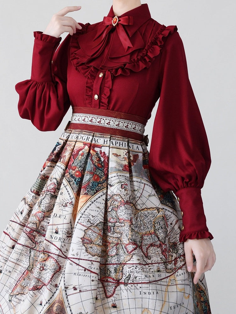 Wine Red Vintage Flounce Hem Elegant Lolita Blouse with Puff Sleeves