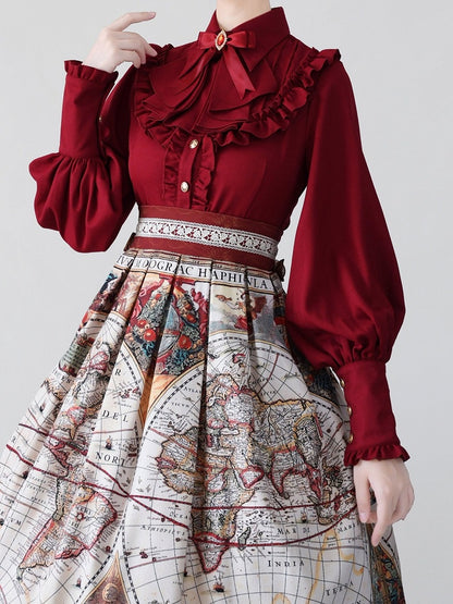 Wine Red Vintage Flounce Hem Elegant Lolita Blouse with Puff Sleeves