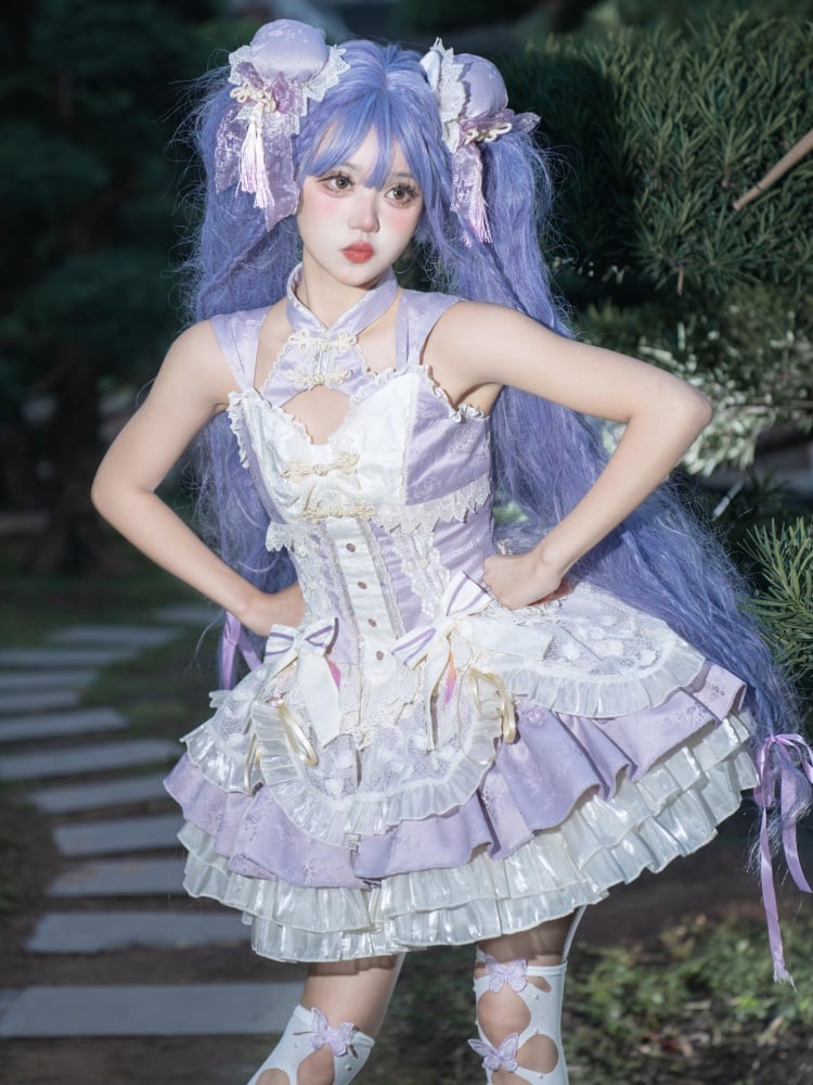 Purple Qi Lolita Corset-Waist Dress with Large Waist Bow