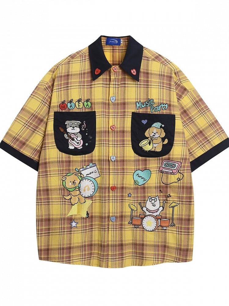 Yellow Plaid Short Sleeve Shirt with Puppy Embroidery - Languid Park
