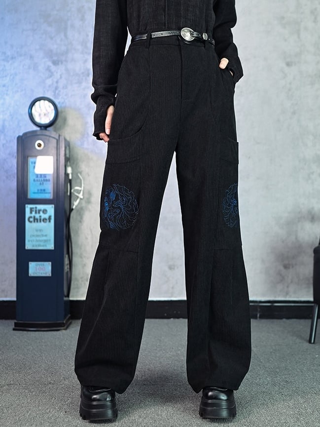 with Goldfish Pants Wide-leg Embroidery Black Gothic