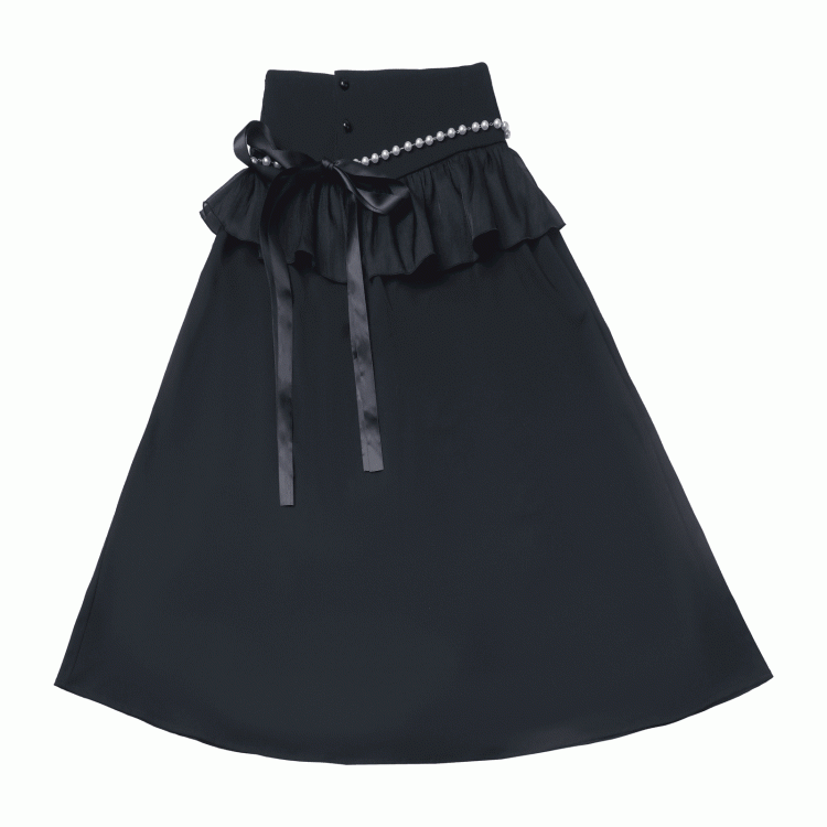 Black Cheongsam Waist Chain Corset Belt Set Free Style Long Skirt with Flounce Beaded Hem