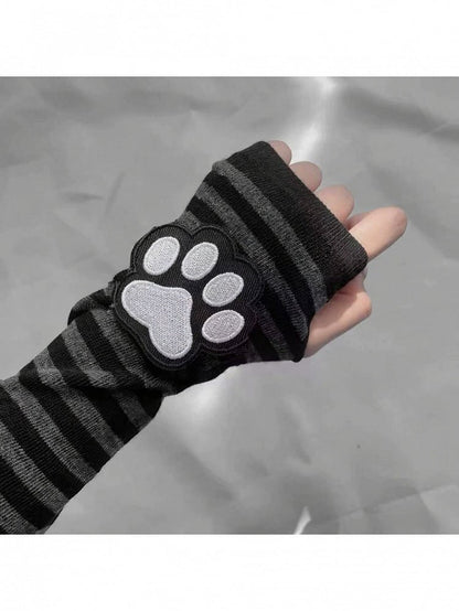 Stripe Pattern Fingerless Gloves in Black and Gray - Post-2000 Gift Shop