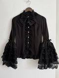 Lace Lolita Sleeves Bell Layered Black Blouse
