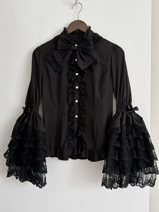 Lace Lolita Sleeves Bell Layered Black Blouse