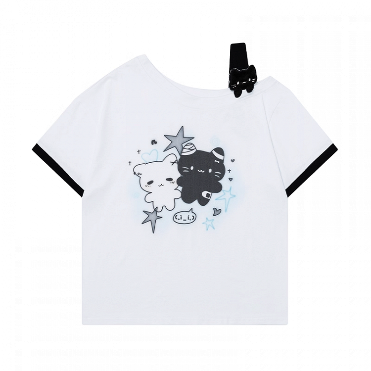 T-Shirt mit asymmetrischem Ausschnitt und Cartoon-Kätzchen-Print, Rosa/Blau/Schwarz