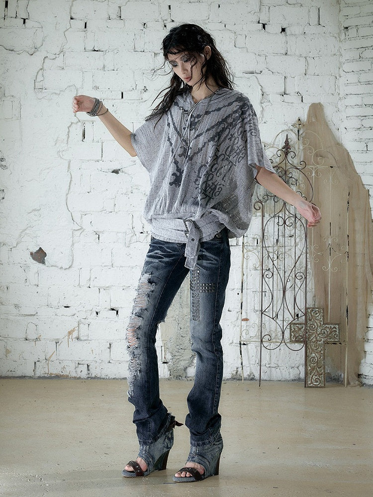 Dusty Blue Distressed Hooded Batwing Knit Top - NO ROMANCE