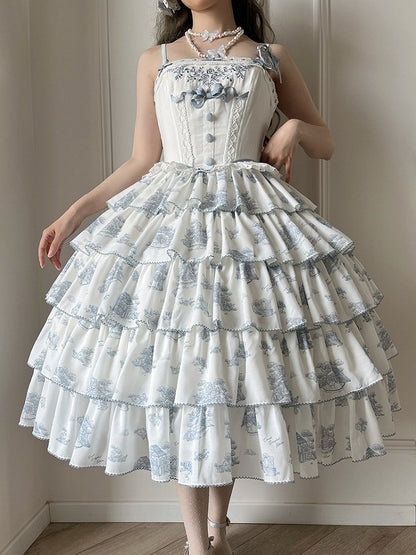 Blue & White Floral Print Lolita JSK with Bow Embellishments - CEL