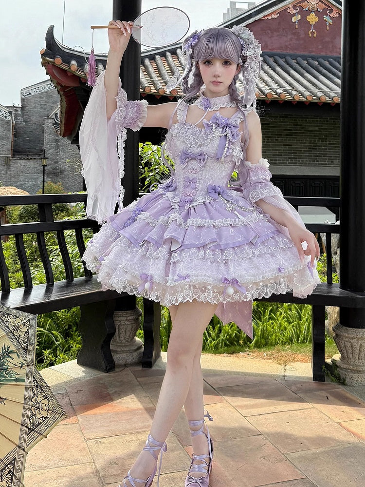 und Ketten Kleid Blume Lolita Taille Qi Korsett Schleife Perle Lila Akzente